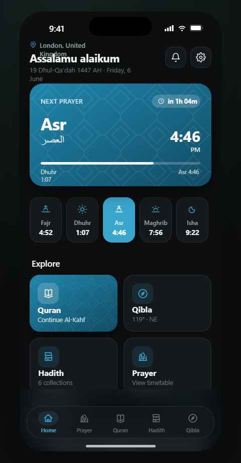 Home screen — dark theme