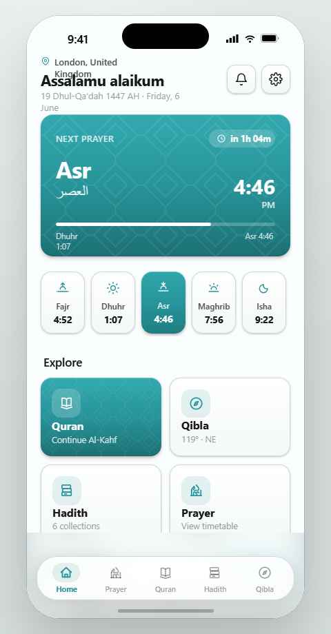 Muslim99 home screen, dark theme