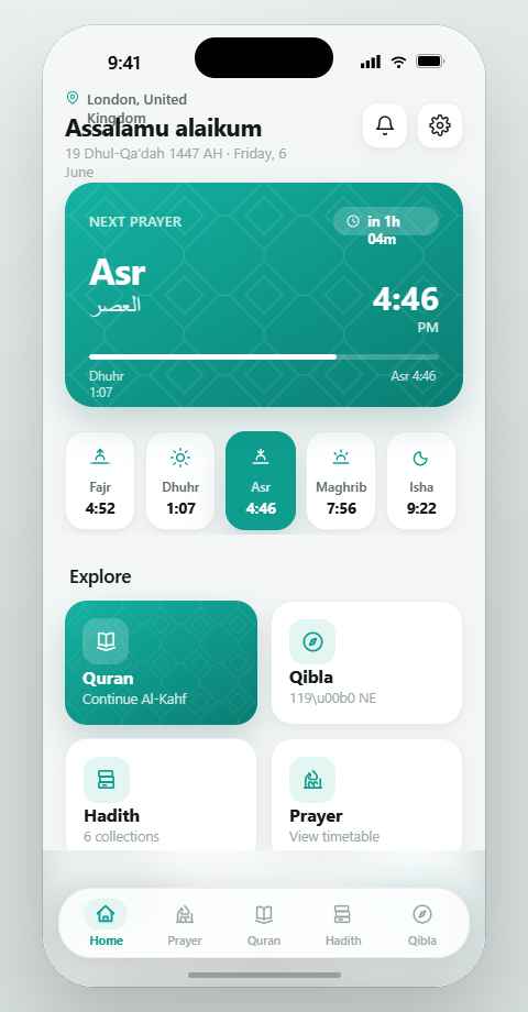 Muslim99 home screen, light theme
